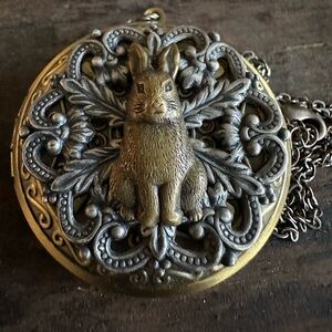 Vintage style distressed bunny rabbit sliver bronze ornate pendant neckl…
